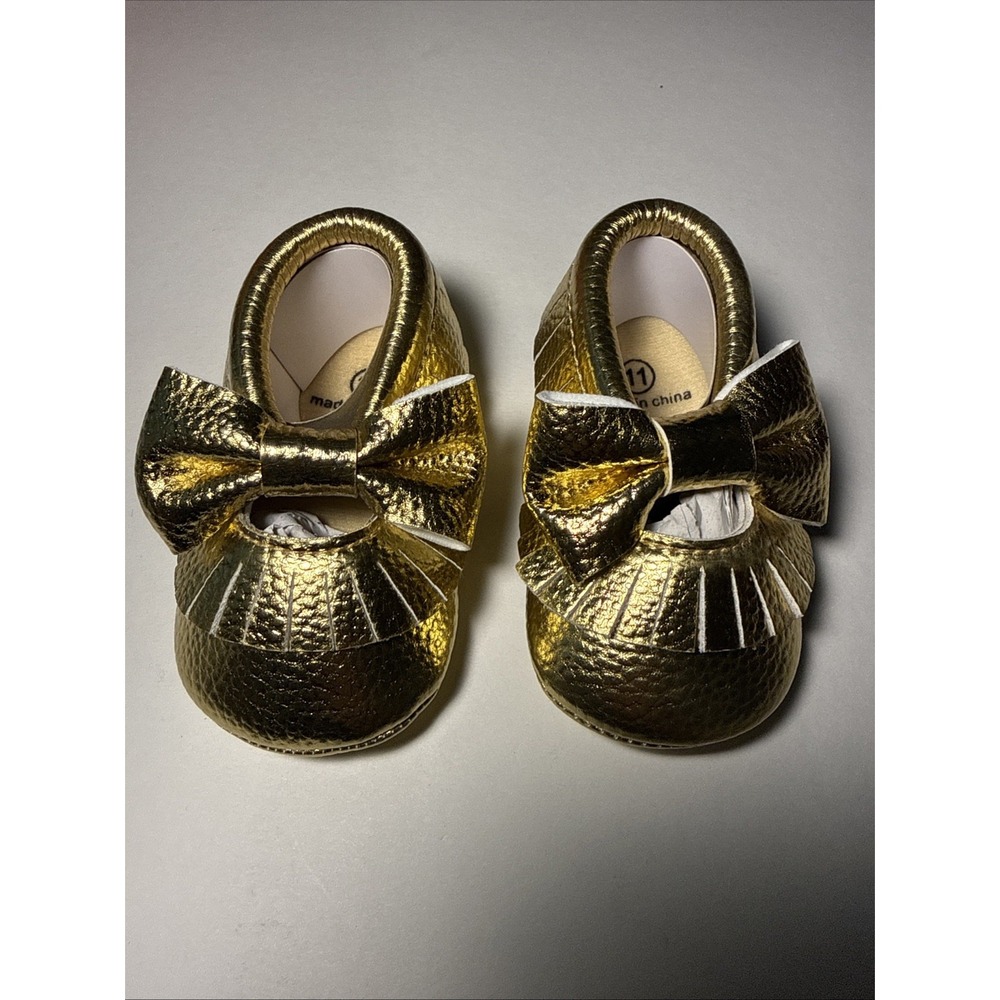 Gold Baby Moccasins With Bow Fringe Soft Bottom (Size 0-6 Months) NEW